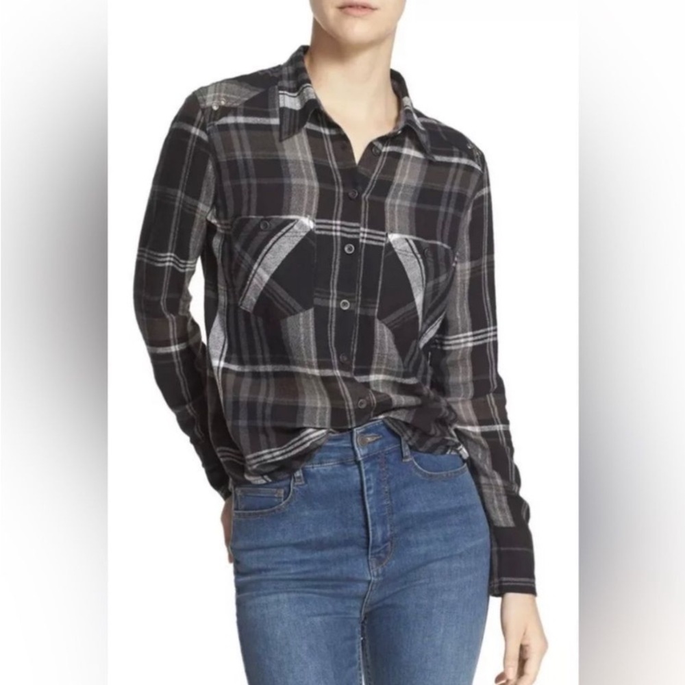 Free People Wesley Western Plaid Shirt Black and Gray
